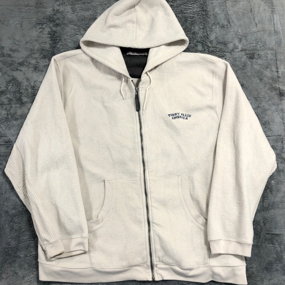 Perry Ellis America Fleece Hoodie Mens 2X Big Cream Full Zip Active Sweatshirt